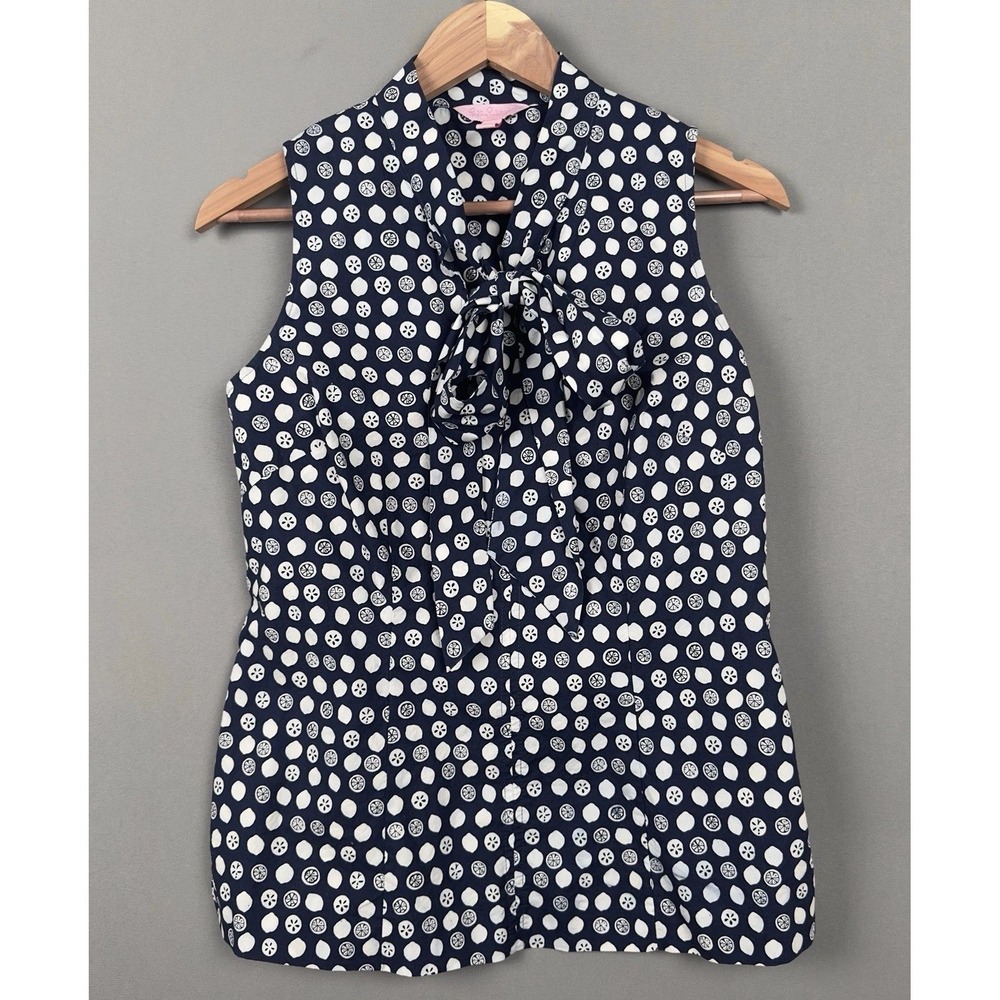 Lilly Pulitzer Lemon Print Tie Neck Top Navy Preppy Resort Florida Coastal Sz-6